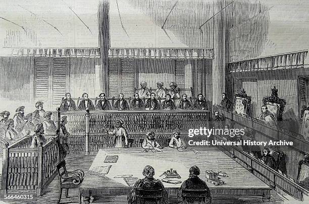 Engraving depicting the interior of the Madras Supreme Court. Located within the Madras High Court Building, India. Dated 1860.