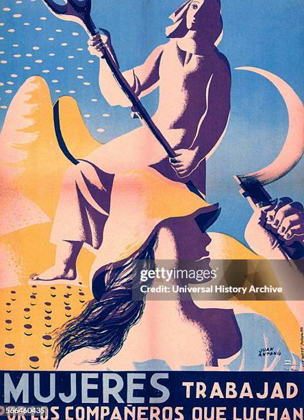 Spanish Civil War republican propaganda poster depicting women farm labourers.