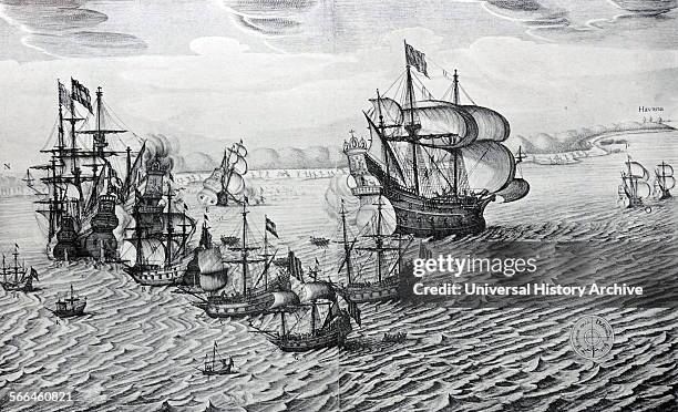 Line engraving of the capture of the Spanish Silver Fleet near Havana. On the left, Piet Hein's ship alongside one of the two Galleons captured....