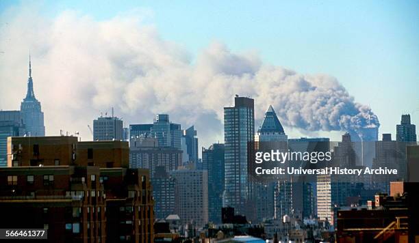 Colour photograph of the Manhattan skyline following the terrorist attacks on the World Trade Centre. Dated 2001.