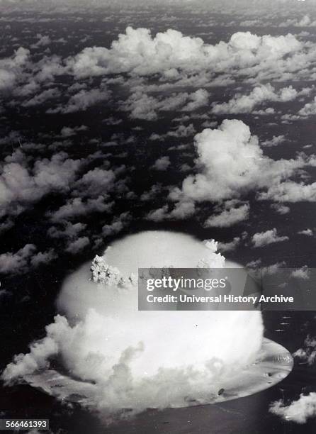 Photograph of a mushroom cloud during Operation Crossroads nuclear weapons test on Bikini Atoll. Dated 1946