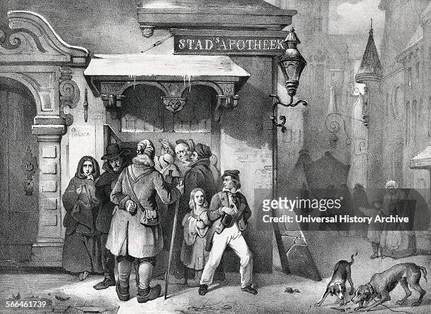 Wintery scene of a group of people standing under an apothecary's awning. The building reads "Stad's Apotheek." There are eight people standing by...