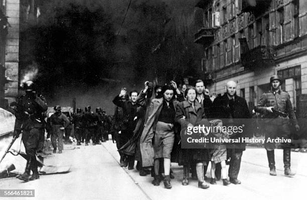 Jews being led for deportation in the Warsaw Ghetto, during the Warsaw Ghetto Uprising in 1943.
