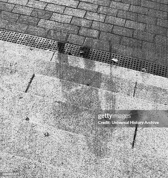 World War II, Human shadow on bank steps, in Hiroshima after the explosion of the atom bomb in August 1945, Japan.