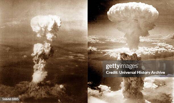World War II, Atomic bomb mushroom clouds over Hiroshima and Nagasaki , August 1945, Japan.