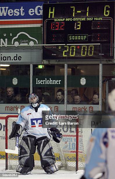 Goal keeper Steffen Karg of Hamburg reacts after loosing the DEL Bundesliga match between Iserlohn Roosters and Hamburg Freezers at the Ice Sports...