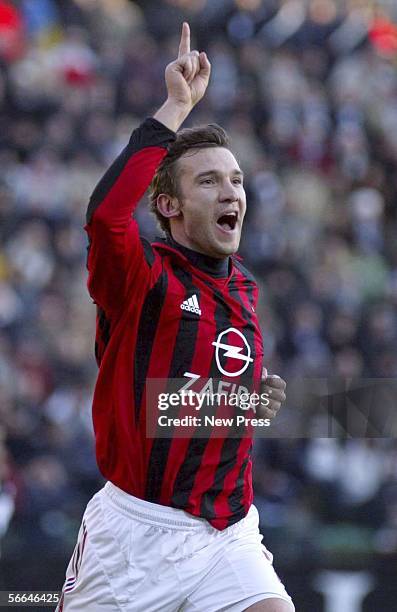 Andriy Shevchenko celebrates scoring a goal during the Serie A match between Siena and AC Milan at the Stadio Artemio Franchi on January 22, 2006 in...