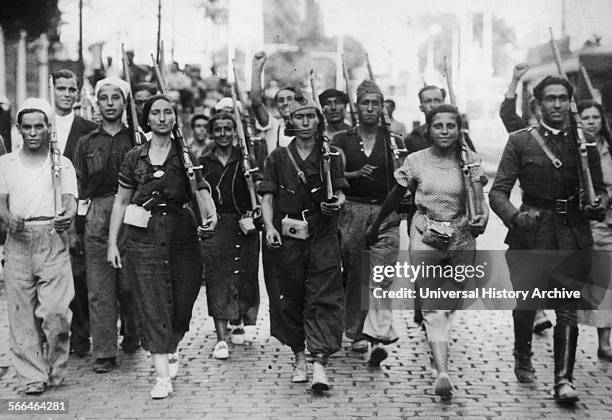 Republican militia fighters at the beginning of the Spanish Civil War 1936.