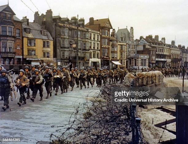 Troops ready to board landing ships at Weymouth, England for the D Day Normandy Invasion 1944.