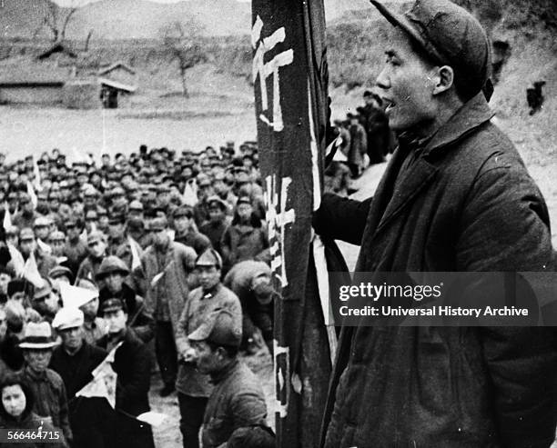 Mao Tse Tung, leader of China's Communists, addresses followers at Yenan during the long March 1937.