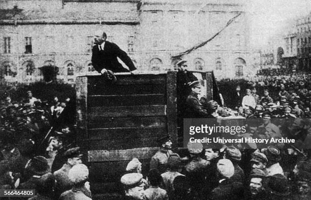 Russian communist revolutionary leader, Vladimir Lenin , giving a speech in to men of the Red Army leaving for the front, during the Polish-Soviet...