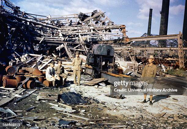 August 1945 damage from the atomic bombing of the Japanese City of Nagasaki at the end of world war two.