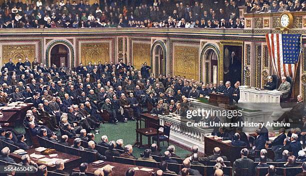 President Woodrow Wilson addresses Congress to declare war on Germany in World War One 1917.