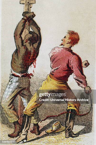 The Lash'. Card showing bound African American slave being whipped. Slaves were a common sight in North America up until the Emancipation...
