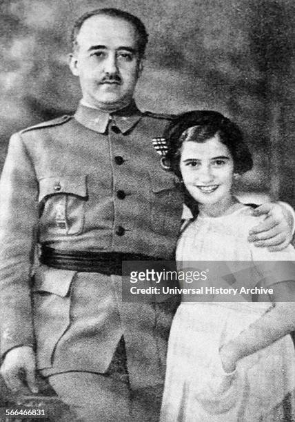 María del Carmen Franco y Polo, only child of Spain's dictator General Francisco Franco and his wife Carmen Polo, seen with her father, during the...