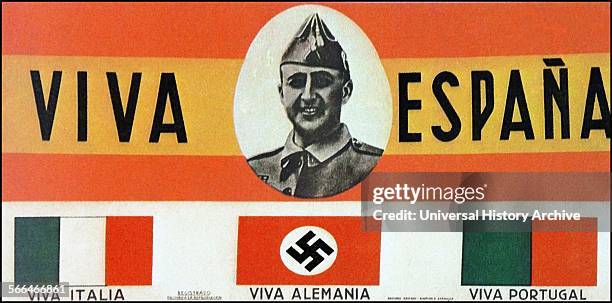 Postcard depicting General Franco the nationalist leader with Long Live Spain, Italy, Germany and Portugal slogans and flags, during the Spanish...