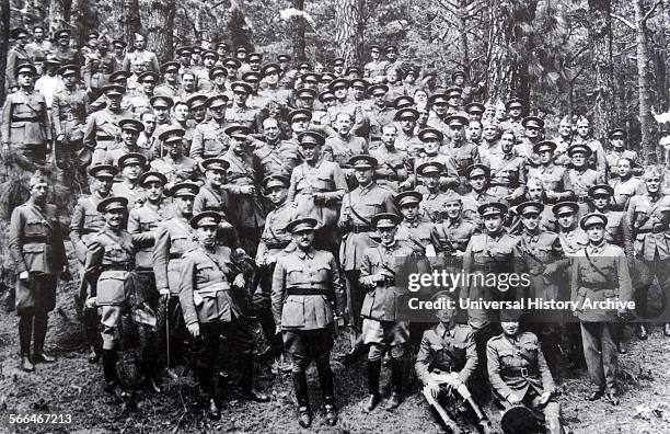 General Francisco Franco 1892-1975 stands with his senior officers after arriving in Spain to take part in the Coup against the Republican Government...