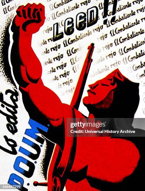 Poster published by the POUM during the Spanish Civil war. POUM was the Party of Marxist Unification was a Spanish communist political party formed...