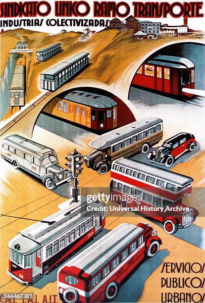 Propaganda poster by Ricard Obiols, from the Second Spanish Republic: Sindicato Unico Ramo Transporte. Extolling the achievements of the publicly run...