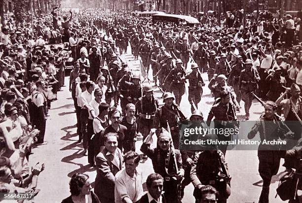 Anti-fascist troops parade through Barcelona, during the Spanish civil war 1936.