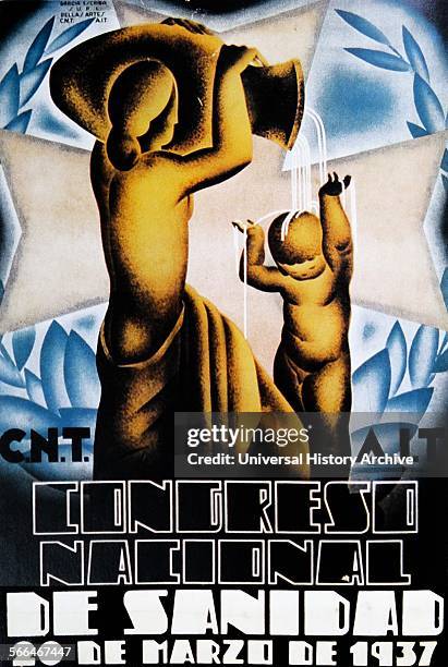 Republican Propaganda poster during the Spanish Civil War. Congresso nacional de sanidad 1937 CNT Health Congress poster.