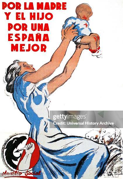 Poster extolling the role of women as mothers during Spanish Civil War. By Saenz de Tejada, Nationalist artist 1938.