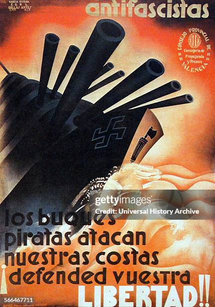 Spanish Civil War Poster; Antifascists against Pirate Ships. Antifascistas contra buque. The Italian and German fascist symbols appear on the prow of...