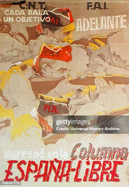 Anarchists unite to support the Popular Front Government, propaganda poster showing the fight against fascism during the Spanish Civil War.