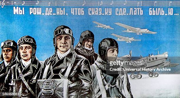 Soviet poster showing, Russian volunteer pilots for the Republican air force, during the Spanish Civil War.