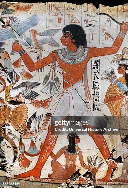 Fresco from the tomb of Nebamun, shows Nebamun on a small papyrus boat with his wife Hatshepsut behind him and his son below. He is about to let fly...