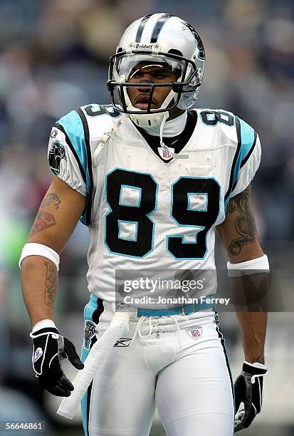 Wide receiver Steve Smith of the Carolina Panthers walks on the field prior to the start of the NFC Championship Game against the Seattle Seahawks at...