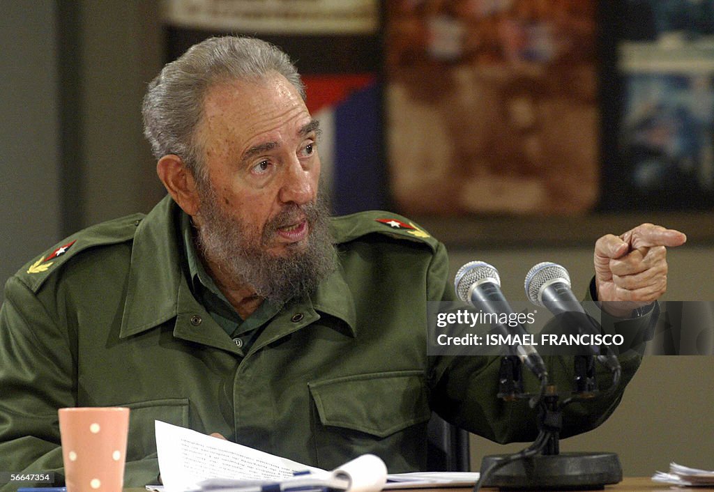 Cuban President Fidel Castro speaks duri