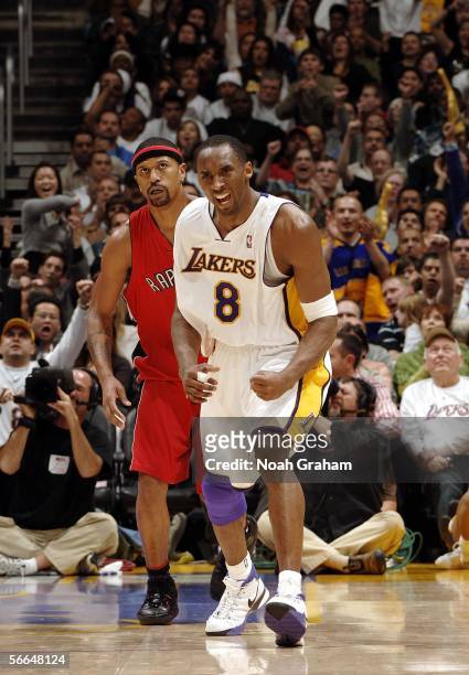 Kobe Bryant of the Los Angeles Lakers celebrates during a game against the Toronto Raptors on January 22, 2006 at Staples Center in Los Angeles,...