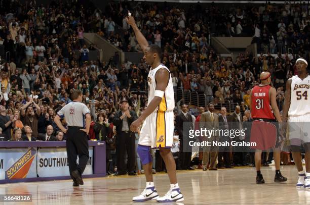 Kobe Bryant of the Los Angeles Lakers points in the air in a game he scored 81 points in against the Toronto Raptors on January 22, 2006 at Staples...