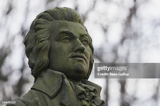 Bust of Austrian composer Wolfgang Amadeus Mozart stands in the garden of Bertramka Villa, where Mozart stayed and composed on several occasions...