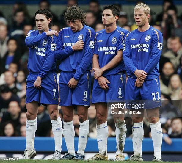 Maniche, Hernan Crespo, Frank Lampard and Eidur Gudjohnsen of Chelsea form a defensive wall during the Barclays Premiership match between Chelsea and...