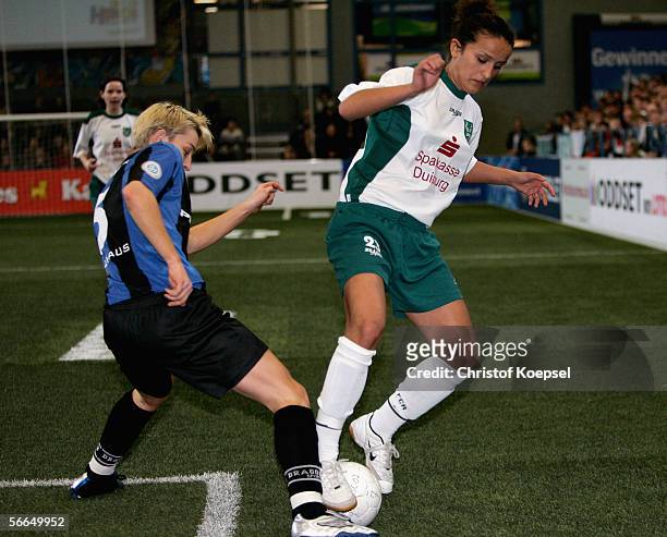 Anissa Holzhaus of FSV Fannkfurt tackles Lira Bajramaj of FCR Duisburg during the Women's Indoor Oddset Cup match between FCR Duisburg and FSV...