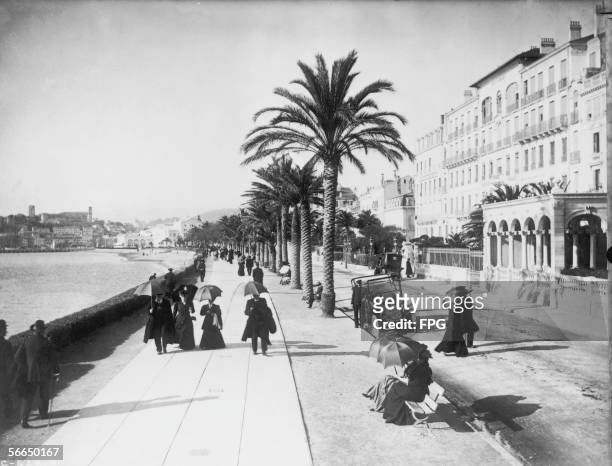 People walking past palm trees along the Boulevard de la Croisette on the seafront at Cannes, early 1900s.