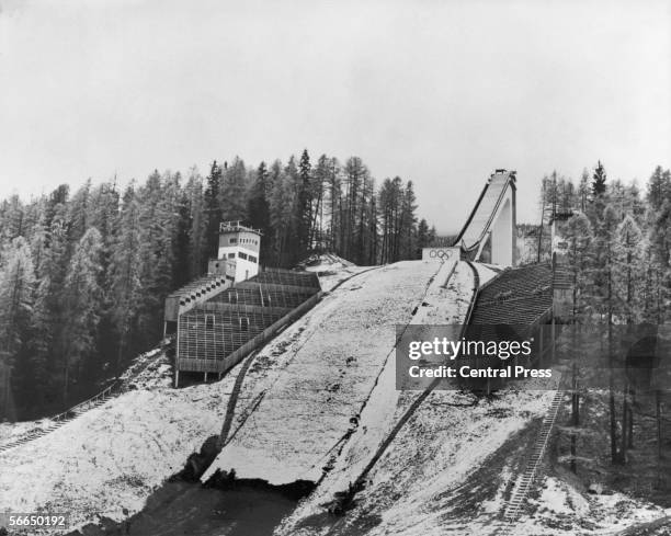 The ski jump at Cortina d'Ampezzo, ready for the 1956 Winter Olympics.