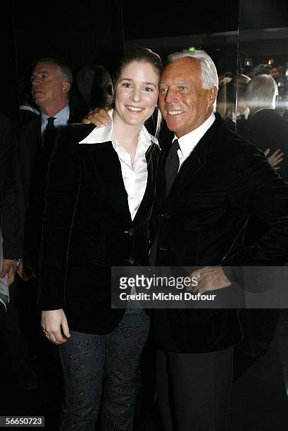 Natacha Renier and Georgio Armani are seen backstage during the Armani fashion show as part of Paris Fashion Week Spring/Summer 2006 on January 23,...