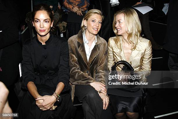 Eugenia Silva, Mafalda von Hessen, and Lady Helen Taylor are seen during the Armani fashion show as part of Paris Fashion Week Spring/Summer 2006 on...