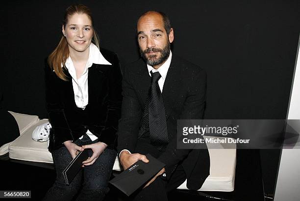 Natacha Renier and Jean Marc Bar are seen backstage during the Armani fashion show as part of Paris Fashion Week Spring/Summer 2006 on January 23,...