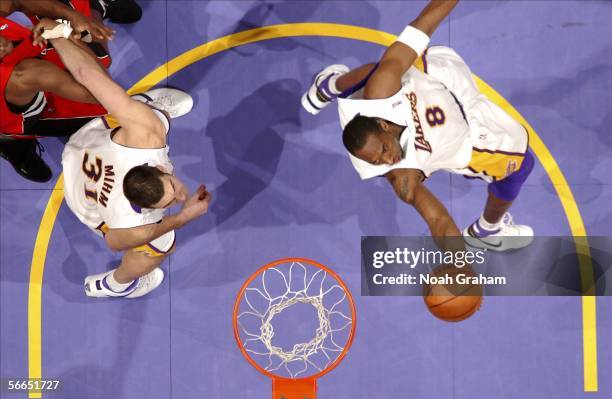 Kobe Bryant of the Los Angeles Lakers gets to the hoop against the Toronto Raptors on January 22, 2006 at Staples Center in Los Angeles, California....
