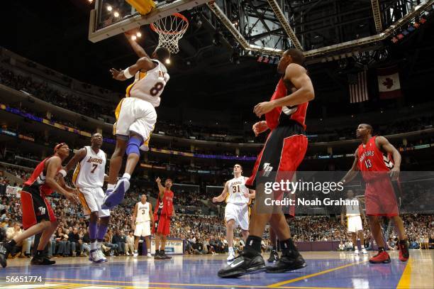 Kobe Bryant of the Los Angeles Lakers goes to the hoop against the Toronto Raptors on January 22, 2006 at Staples Center in Los Angeles, California....