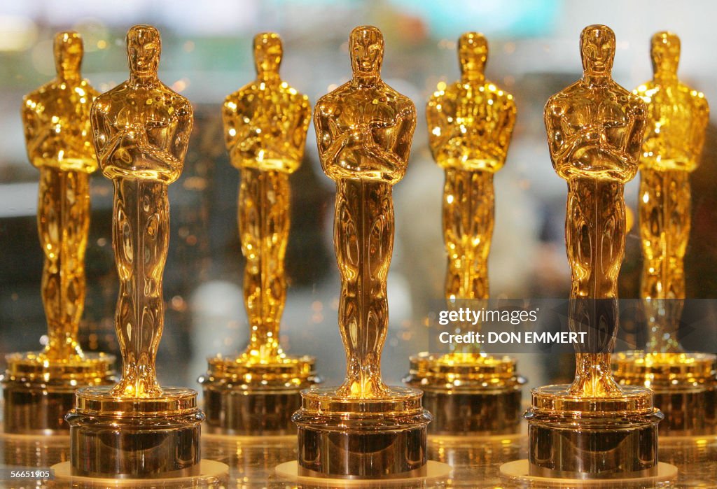 Oscar statuettes are displayed at Times