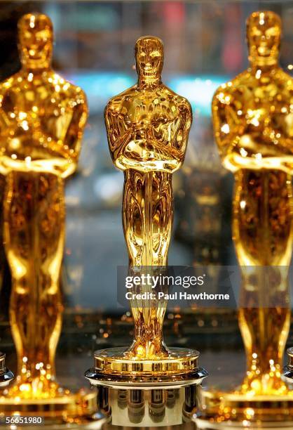 Newly minted Oscar statuettes to be presented to winners at the 78th Academy Awards are shown on display at ABC Times Square Studios on January 23,...