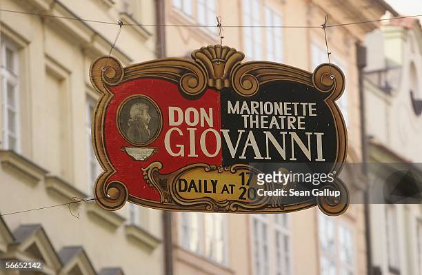 Sign advertises a marionette theatre's performance of Wolfgang Amadeus Mozart's "Don Giovanni" opera January 23, 2006 in central Prague, Czech...