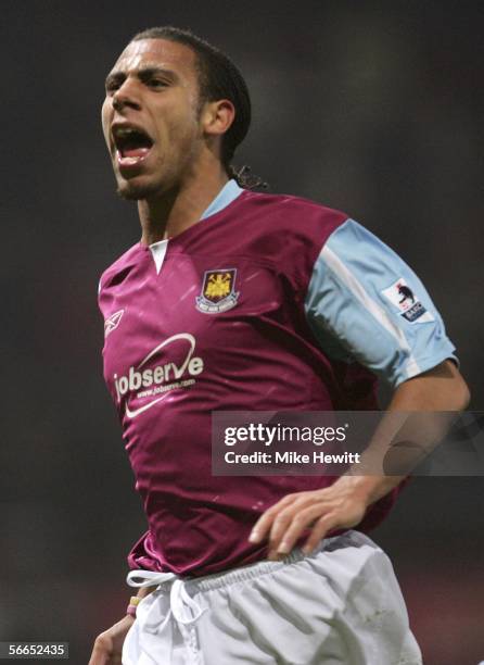 Goal scorer Anton Ferdinand of West Ham United celebrates scoring the first goal during the Barclays Premiership match between West Ham United and...
