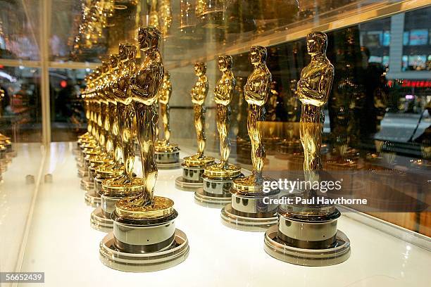 Newly minted Oscar statuettes to be presented to winners at the 78th Academy Awards are shown on display at ABC Times Square Studios on January 23,...