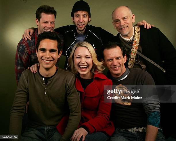 Actors Matt Keeslar, Joel Moore, John Malkovich, Max Minghella, Sophia Myles and Ezra Buzzington of the film "Art School Confidential" pose for a...